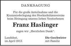 Traueranzeige Franz Haslinger