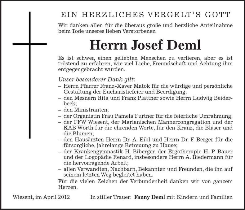 Traueranzeige Josef Deml