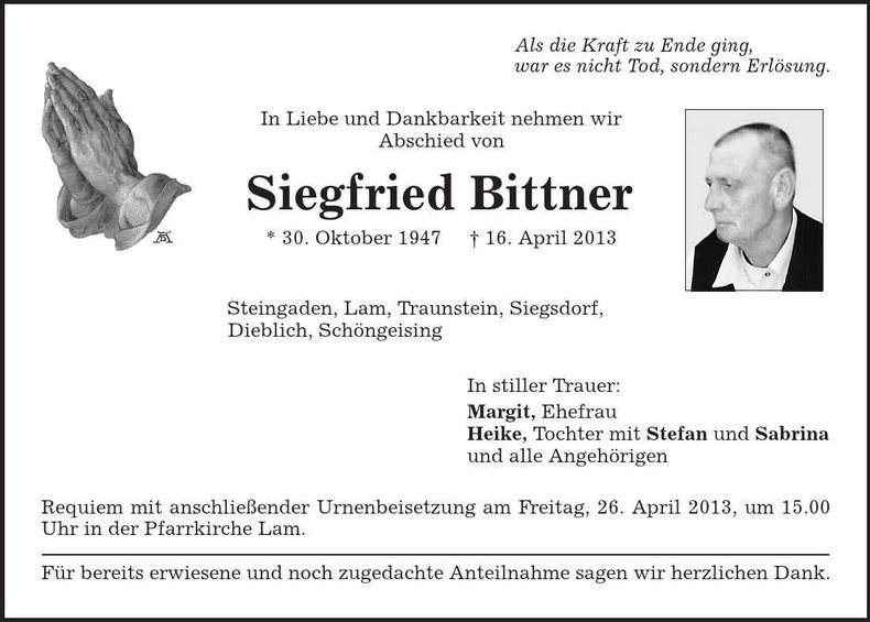 Traueranzeige Siegfried Bittner
