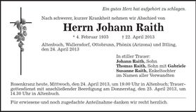 Traueranzeige Johann Raith