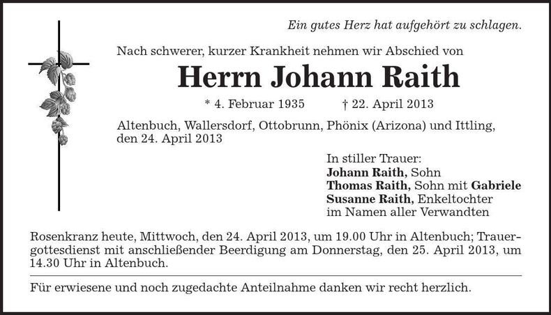 Traueranzeige Johann Raith
