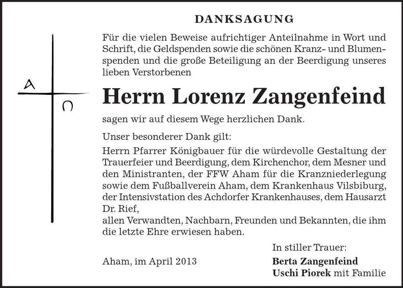 Traueranzeige Lorenz Zangenfeind
