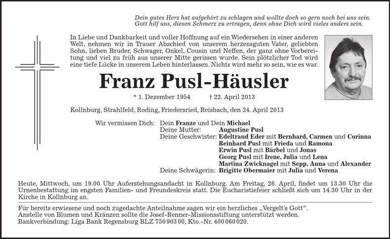 Traueranzeige Franz Pusl-Häusler