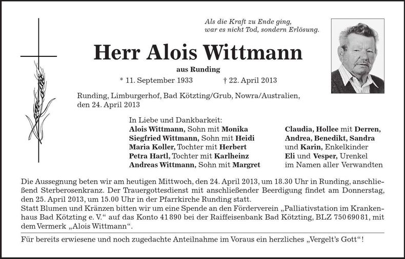 Traueranzeige Alois Wittmann