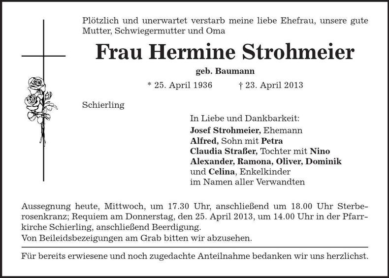 Traueranzeige Hermine Strohmeier