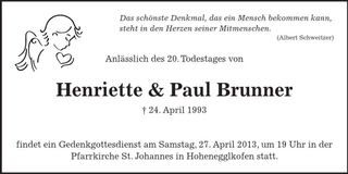 Traueranzeige Brunner Henriette & Paul