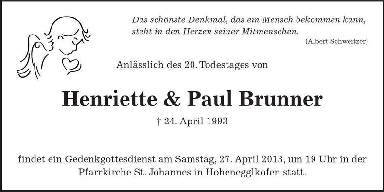 Traueranzeige Brunner Henriette & Paul