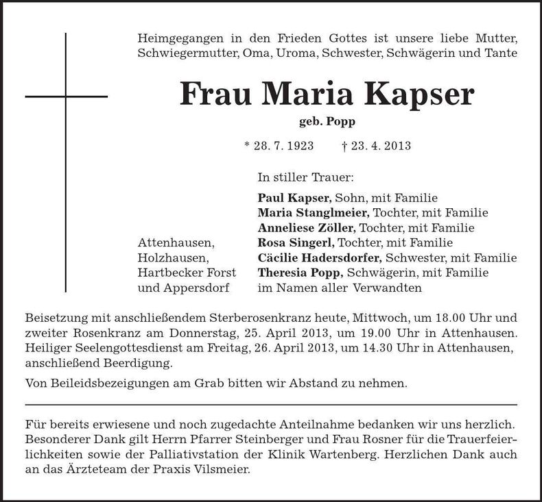 Traueranzeige Maria Kapser