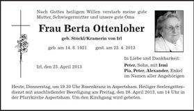 Traueranzeige Berta Ottenloher