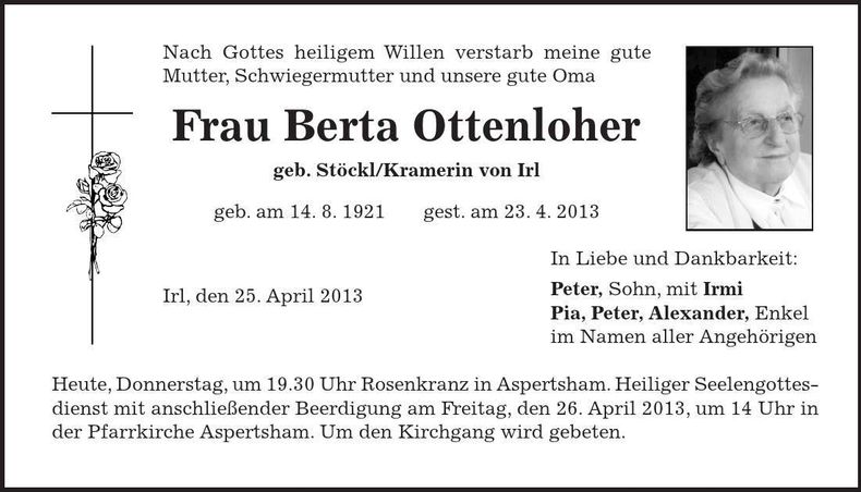 Traueranzeige Berta Ottenloher
