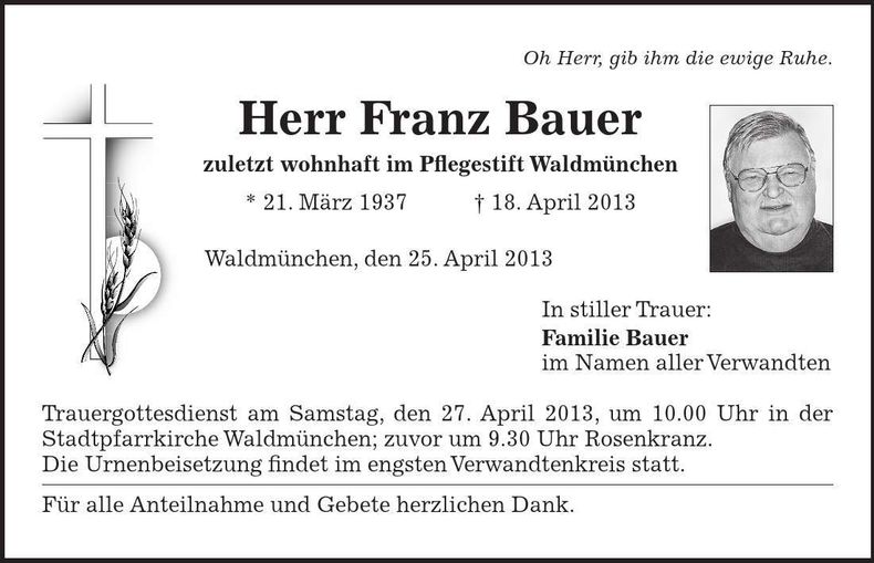 Traueranzeige Franz Bauer