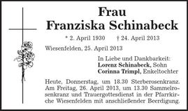 Traueranzeige Franziska Schinabeck