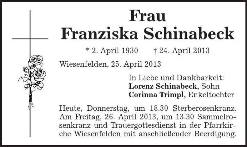 Traueranzeige Franziska Schinabeck
