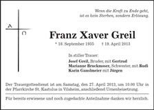 Traueranzeige Franz Xaver Greil