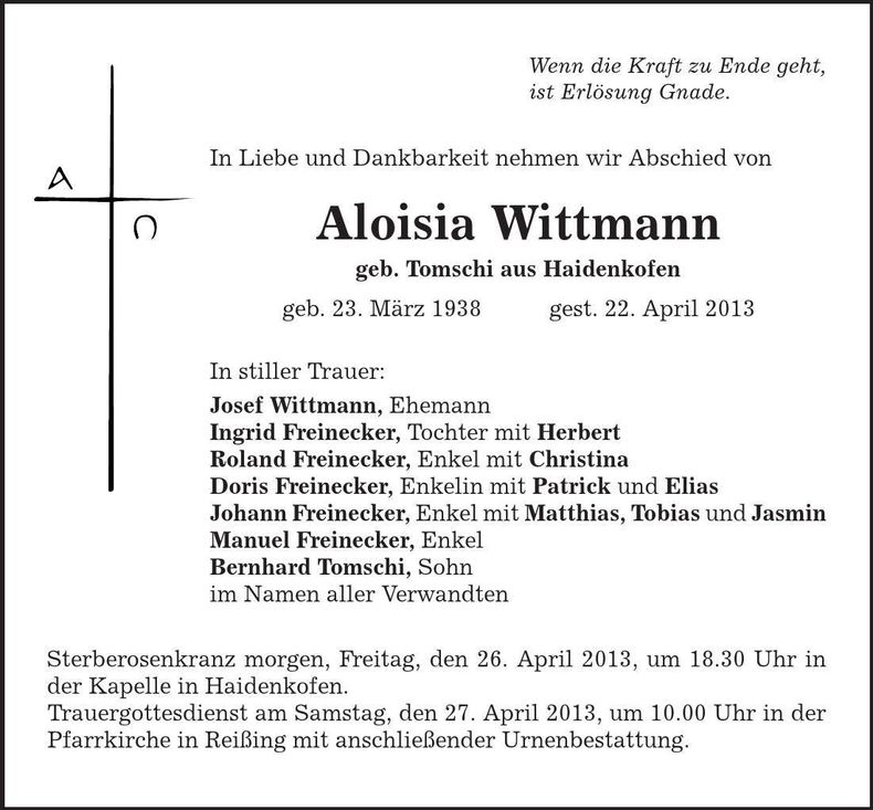 Traueranzeige Aloisia Wittmann