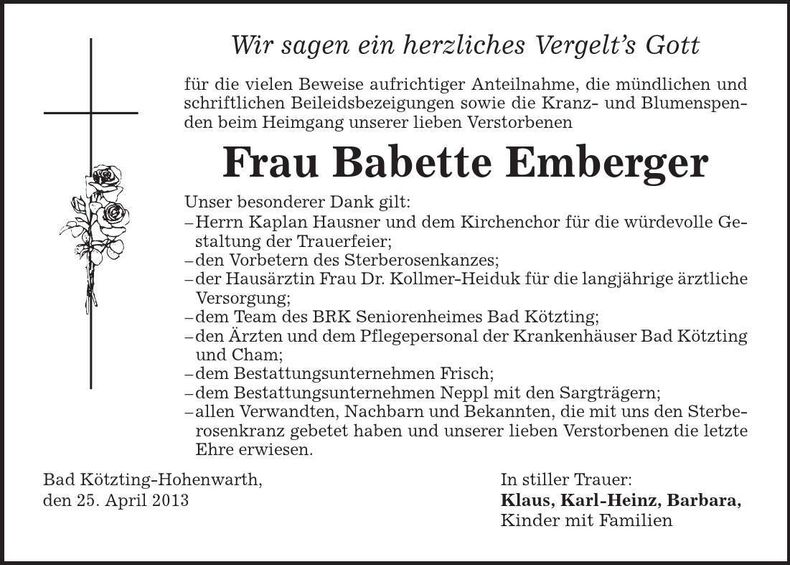Traueranzeige Babette Emberger