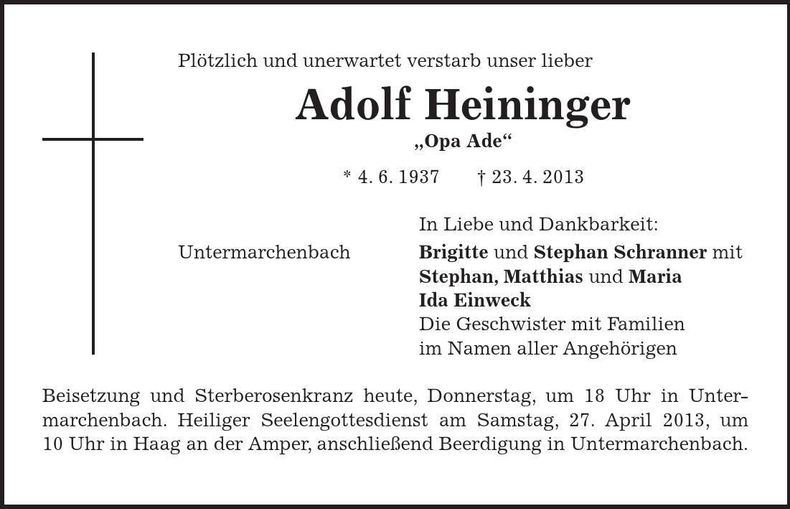 Traueranzeige Adolf Heininger