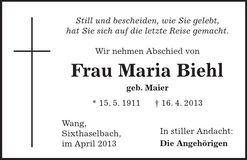 Traueranzeige Maria Bichl