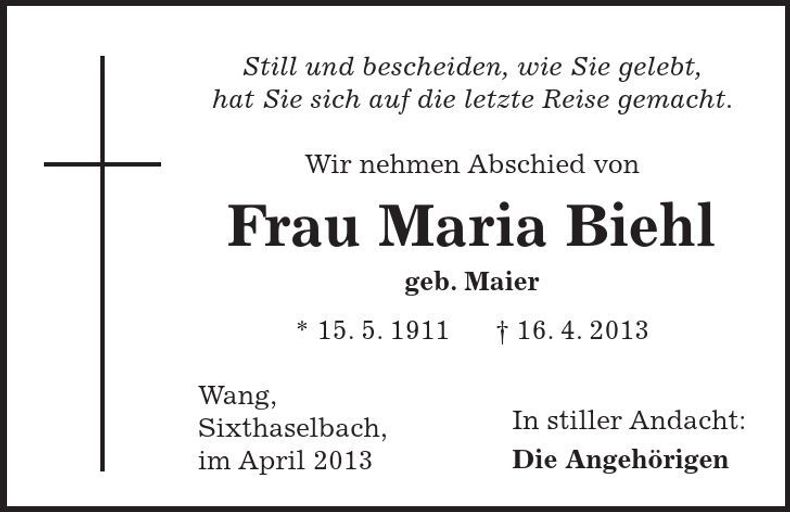 Traueranzeige Maria Bichl