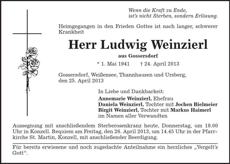 Traueranzeige Ludwig Weinzierl