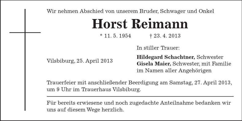 Traueranzeige Horst Reimann