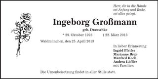 Traueranzeige Ingeborg Großmann