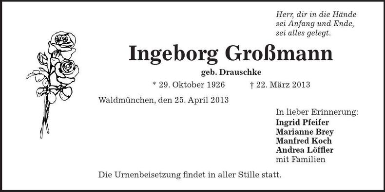 Traueranzeige Ingeborg Großmann