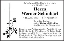 Traueranzeige Werner Schinhärl