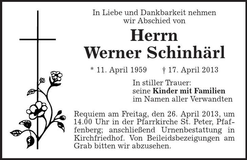 Traueranzeige Werner Schinhärl
