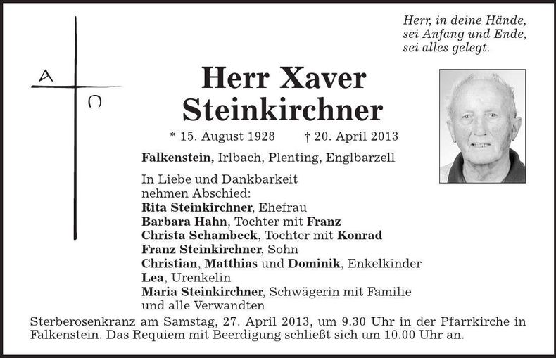 Traueranzeige Xaver Steinkirchner