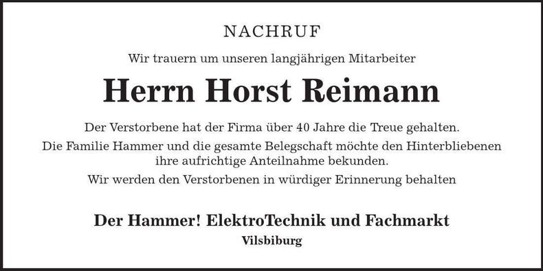 Traueranzeige Horst Reimann
