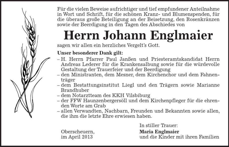 Traueranzeige Johann Englmaier