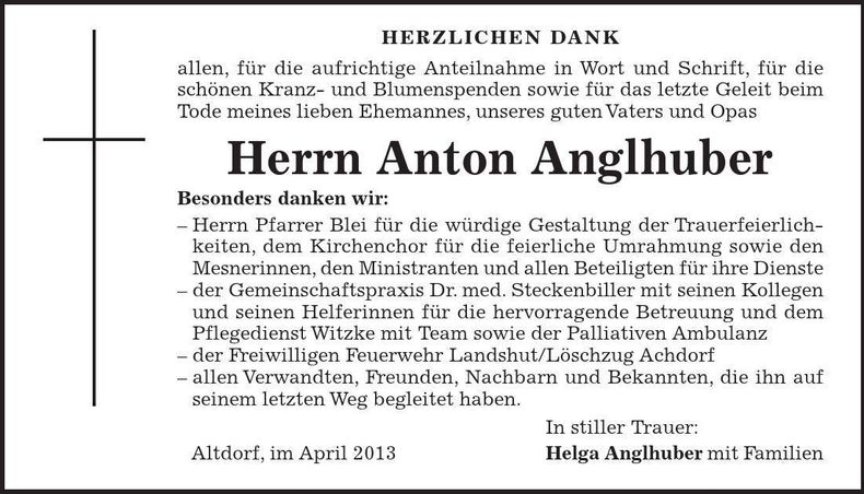Traueranzeige Anton Anglhuber