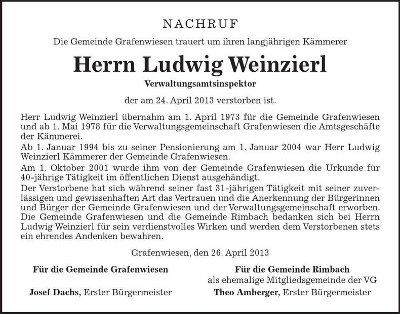 Traueranzeige Ludwig Weinzierl