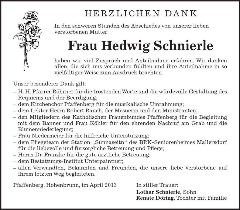 Traueranzeige Hedwig Schnierle