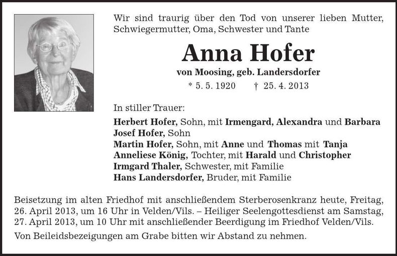 Traueranzeige Anna Hofer