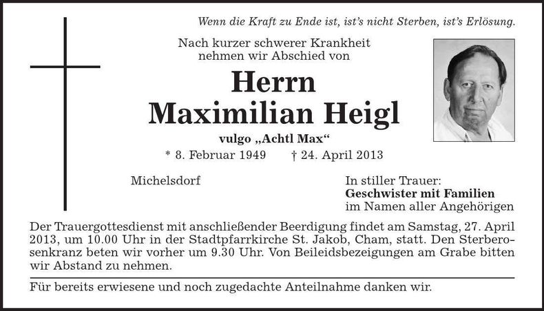 Traueranzeige Maximilian Heigl