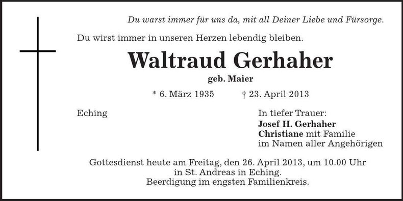 Traueranzeige Waltraud Gerhaher