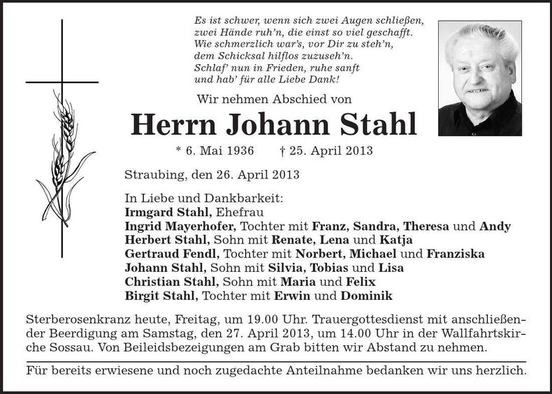 Traueranzeige Johann Stahl