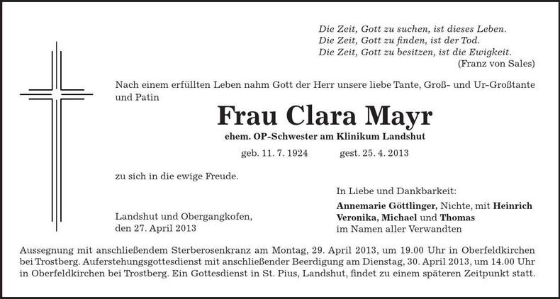 Traueranzeige Clara Mayr