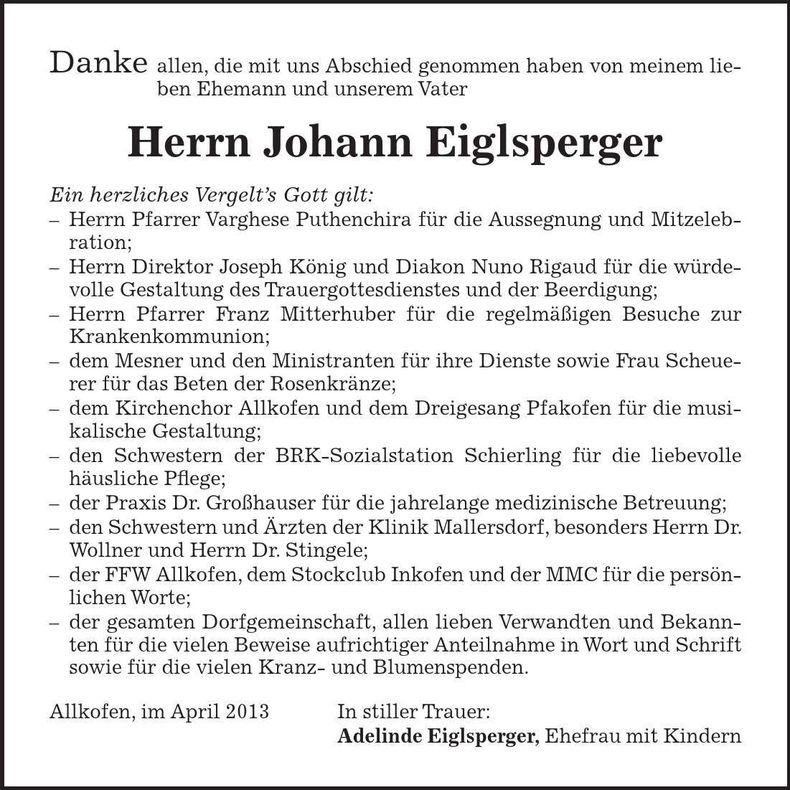 Traueranzeige Johann Eiglsperger