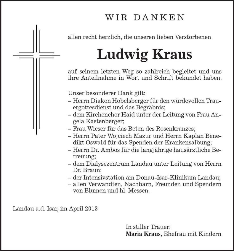 Traueranzeige Ludwig Kraus