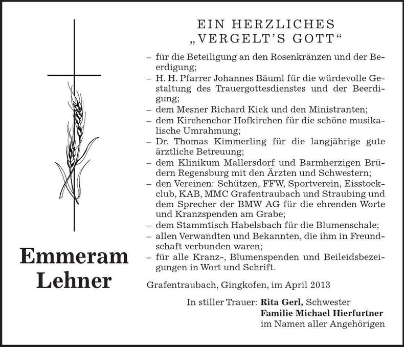 Traueranzeige Emmeram Lehner