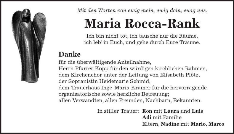 Traueranzeige Maria Rocca-Rank