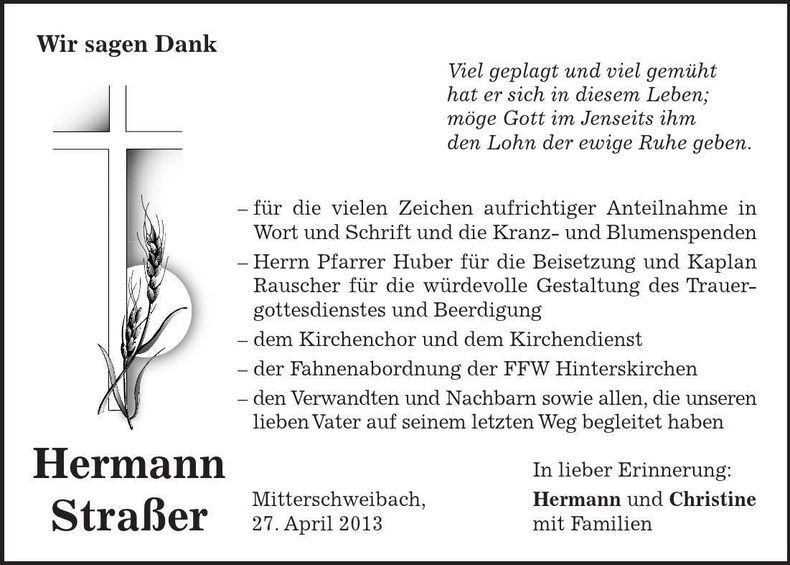 Traueranzeige Hermann Straßer