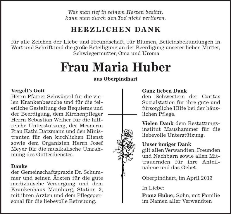 Traueranzeige Maria Huber