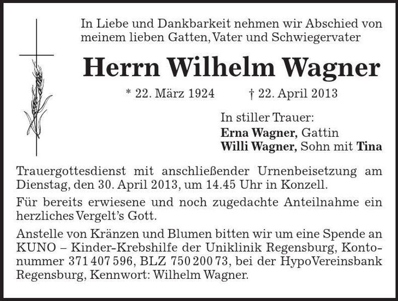 Traueranzeige Wilhelm Wagner