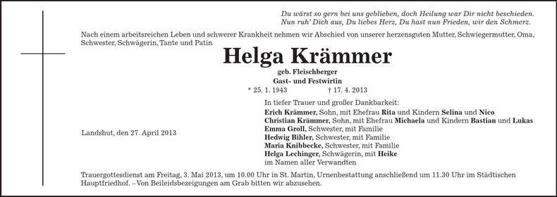 Traueranzeige Helga Krämmer