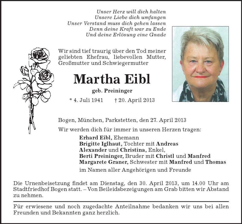 Traueranzeige Martha Eibl