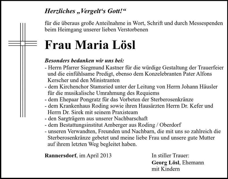 Traueranzeige Maria Lösl